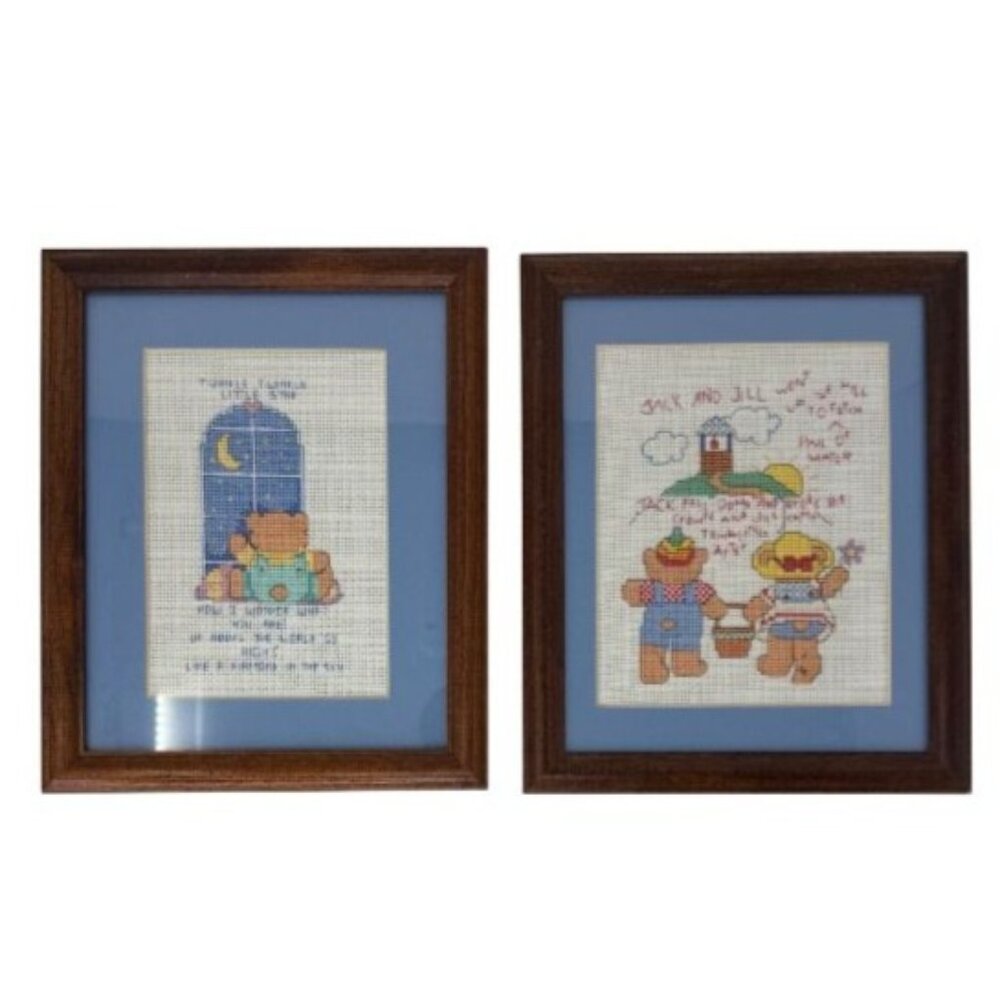 Vintage Pair Framed Cross Stitch Nursery Rhymes Twinkle Twinkle & Jack and Jill